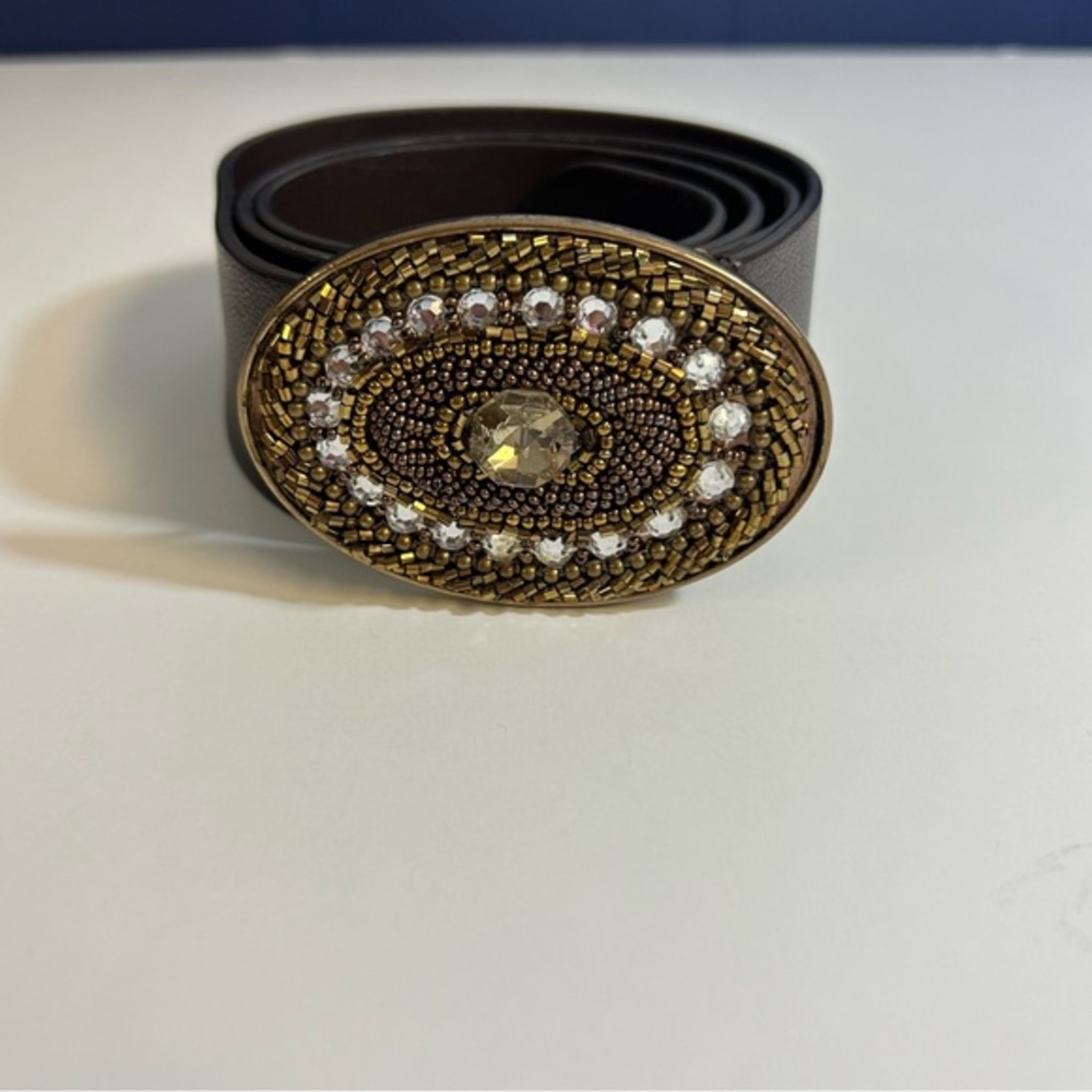 Chico’s Embellished Oval Buckle Brown Leather Belt Size M